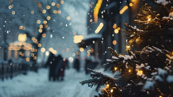 Christmas Eve with snowflakes fall under the light of a streetlamp with a decorated tree in the background, AI generated