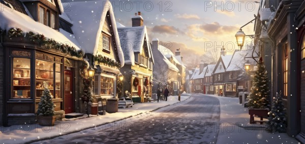 Wintery street scene in a small village with snow-covered rooftops in a warm golden light streaming from the windows, AI generated