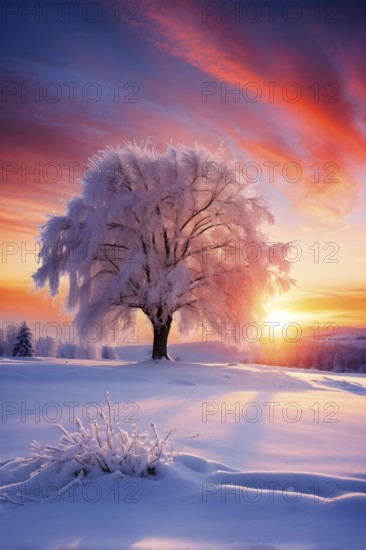 Serene winter landscape with a snow covered tree and a vibrant sunrise, AI generated