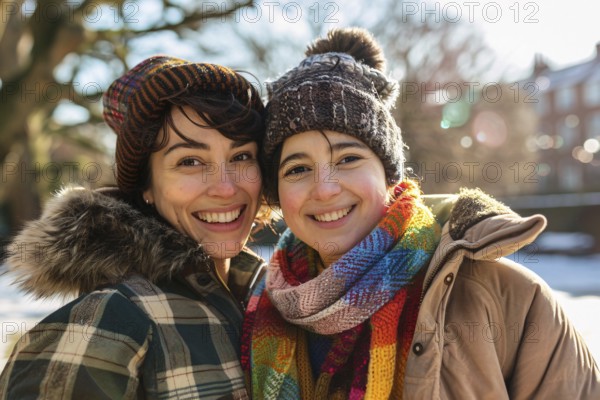 Happy young female gay couple in winter clothes. Generative AI, AI generated