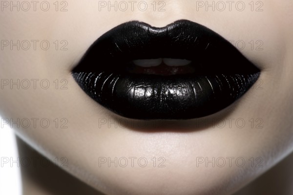 Close up of woman's lips with dark black lipstick. KI generiert, generiert AI generated