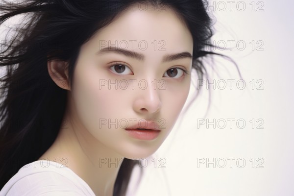 Portrait of beautiful young Asian woman with natural makeup on white studio background. KI generiert, generiert, AI generated