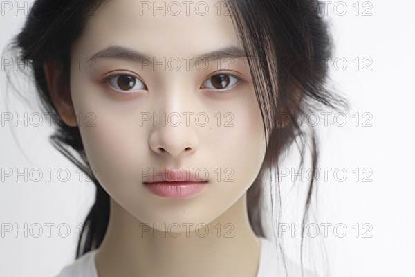 Portrait of young Asian woman without makeup on white background. KI generiert, generiert KI generiert, generiert AI generated