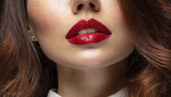 Woman, close-up of red lips with shiny lipstick and brown hair, AI generated, AI generated