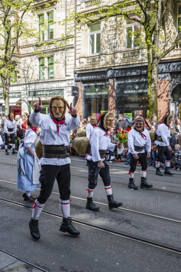 Participants dressed up as jesters from the guest canton of Schwyz, jesters' symposium of the Märchler carnival societies, parade of historically costumed guildsmen, Sechseläuten or Sächsilüüte, Zurich Spring Festival, Zurich, Switzerland, Europe