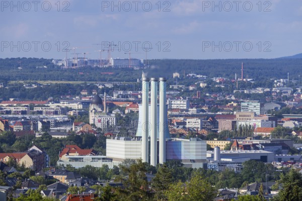 Cityscape Dresden with power station Nossener Brücke, Yenidze and construction site Infineon, distant view of Dresden seen from the west, Dresden, Saxony, Germany, Europe