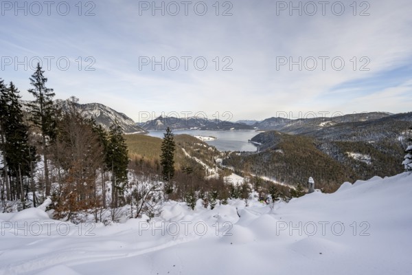 View of Walchensee and mountain panorama from Simetsberg, Estergebirge, Bavarian Prealps, Bavaria Germany