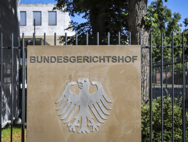 Karlsruhe, Baden-Württemberg, Germany, Federal Court of Justice, sign with the Federal Eagle emblem and lettering in front of the Federal Court of Justice building, Europe