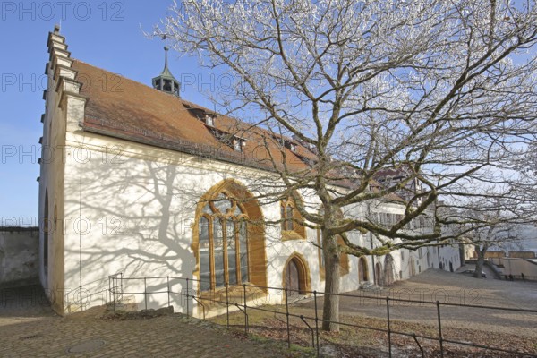 Inner courtyard with museum and stepped gable in winter with hoarfrost, Hellenstein Castle, Heidenheim an der Brenz, Swabian Alb, Baden-Württemberg, Germany, Europe