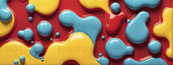 Abstract image with vibrant blue and red blobs and liquid shapes on a yellow background, AI generated