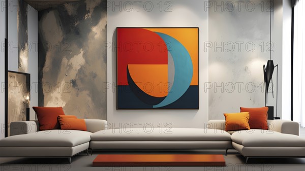 Minimalist rendering showcasing a living room with an abstract picture as symbol for human resilience, AI generated