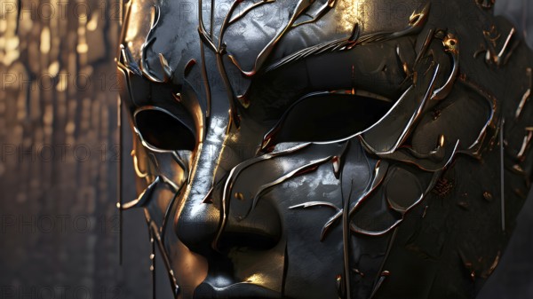 3d rendering of a mask adorned with tears suspended on a wall, AI generated