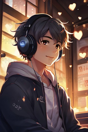 Anime style portrait of a boy with large headphones engulfing his ears, AI generated