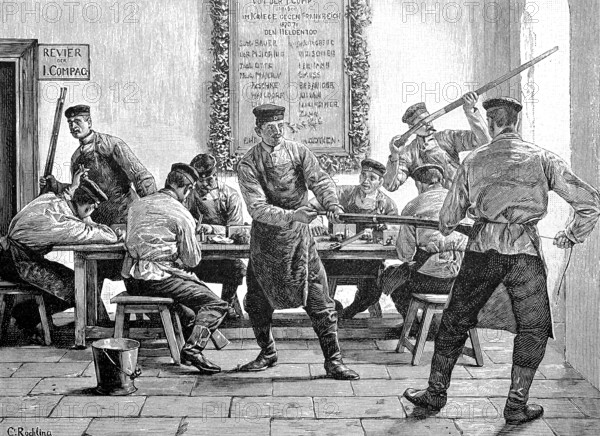 Gun cleaning in the barracks, soldiers, Germany, in 1880, Historical, digital reproduction of an original from the 19th century, Europe