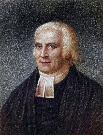 David Bogue (1750-1825), English Congregationalist. Founder of the London Missionary Society, the British and Foreign Bible Society and the Religious Tract Society, from the New Evangelical Magazine, Historical, digitally restored reproduction from a 19th century original, Record date not stated