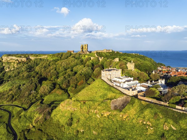 Scarborough Castle from a drone, Scarborough, North Yorkshire, England, United Kingdom, Europe