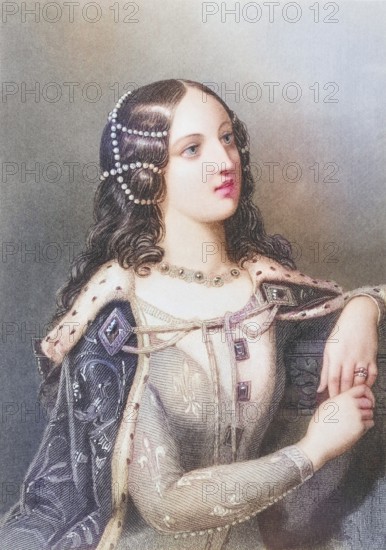 Isabella of Valois, 1389-1409, second woman of King Richard II of England. Engraved by W. H. Mote after E. Corbould. From the book The Queens of England, Volume I by Sydney Wilmot. Published in London c. 1890, Historic, digitally restored reproduction from a 19th century original, Record date not stated