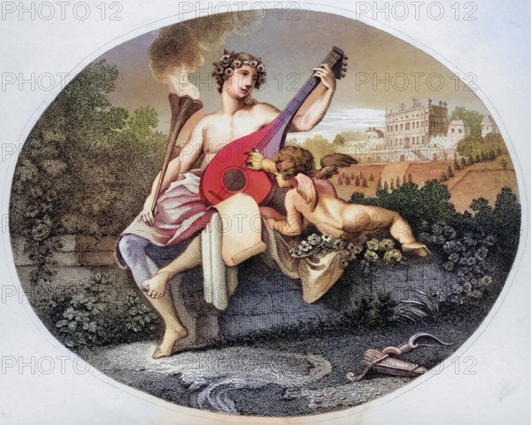 Hymen and Cupid From the original picture by Hogarth from The Works of Hogarth published London 1833, Historisch, digital restaurierte Reproduktion von einer Vorlage aus dem 19. Jahrhundert, Record date not stated