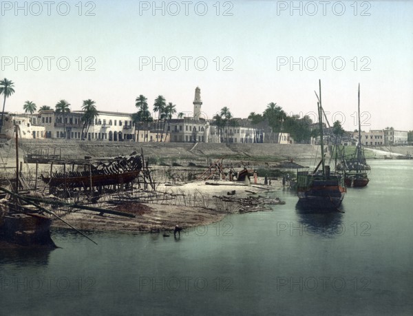 Aswan on the banks of the Nile, Egypt, Historical, digitally restored reproduction from a 19th century original, Record date not stated, Africa