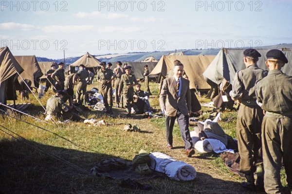 Students taking part in military exercises as army cadets, South England, United Kingdom, late 1950s Tents on a campsite, Europe