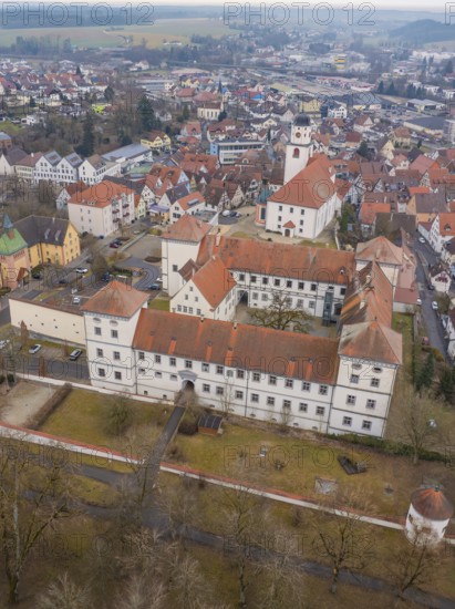 Central urban view with a prominent castle and a church between town buildings, Meßkirch, district of Sigmaringen, Germany, Europe