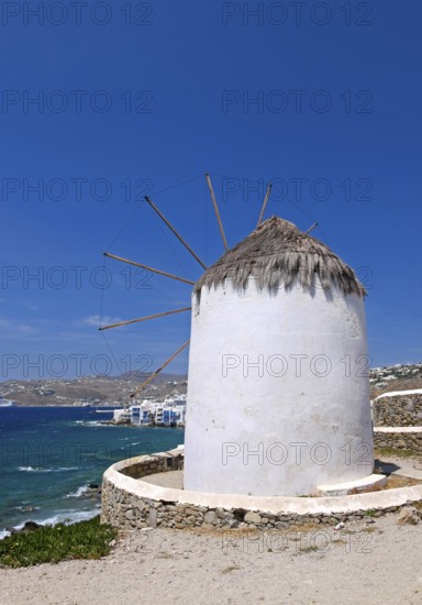 One of the windmills, the landmark of Mykonos Town, Mykonos, Cyclades, Greece, Europe