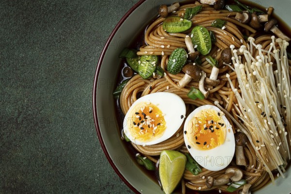 Soba, buckwheat noodles, with enoki mushrooms, shimeji and boiled egg, top view, homemade, no people