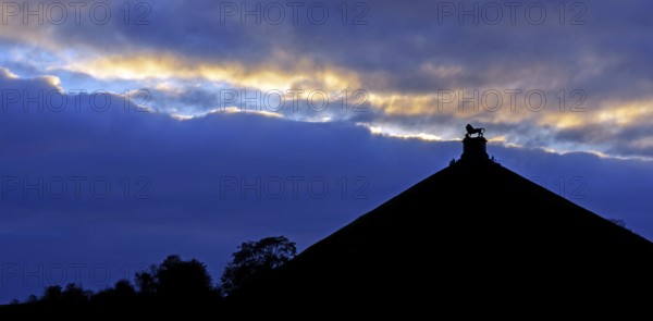 Lion's Mound at sunset, monument commemorating the ending of the Napoleonic war at Domain of the Waterloo 1815 Battlefield, Braine-l'Alleud, Belgium, Europe