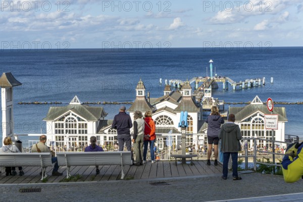 The pier of Sellin, 394 metres long, with restaurant, jetty, tourists, island of Rügen, Mecklenburg-Western Pomerania, Germany, Europe