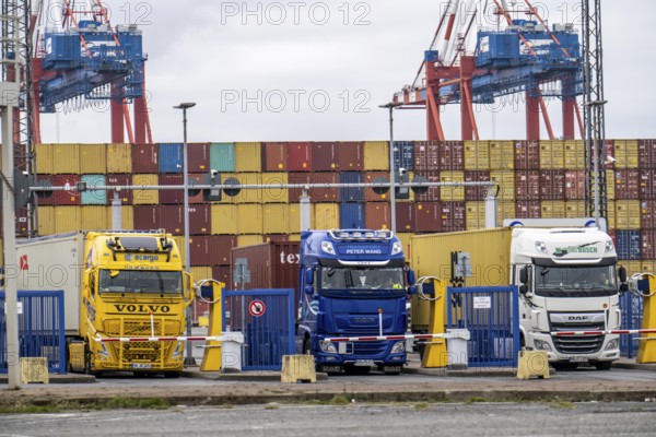 Entry and exit for container lorries, to the MSC container terminal in the seaport of Bremerhaven, Eurogate Container Terminal with almost 50 container gantry cranes, over a length of more than 4 km at the mouth of the Weser, Bremerhaven, Bremen, Germany, Europe