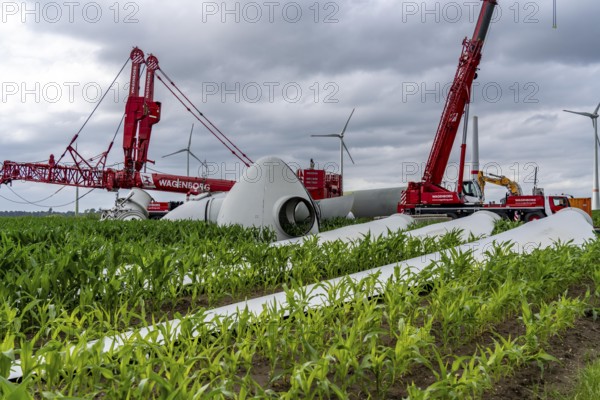 Repowering, dismantled Enercon E-58 wind turbine in a wind farm near Issum, 9 older wind turbines that have been in operation for over two decades are being replaced by a total of four Enercon E-160 turbines, under construction, with a total output of 22 megawatts, Lower Rhine, North Rhine-Westphalia, Germany, Europe