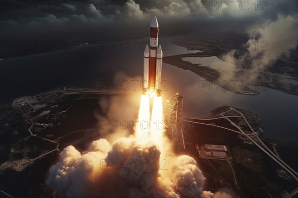 Aerial view of a rocket launch at sunrise sunset over an ocean coast. The rocket is blasting off with a trail of smoke and flames behind it, AI generated