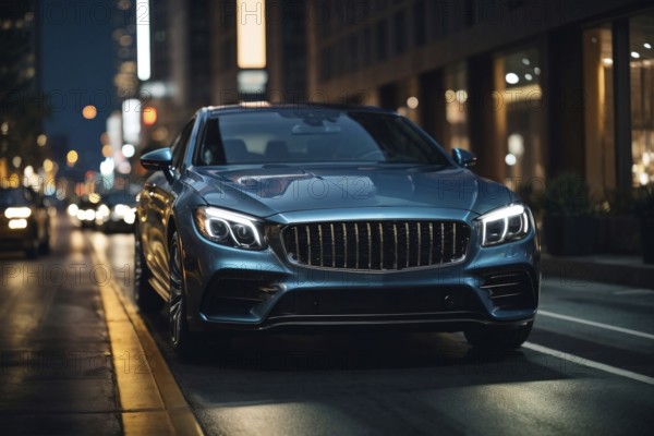 A blue luxury car parked on a city street at night. The car is shiny and has a sleek design. The street is busy with cars and traffic lights, creating a bustling atmosphere, AI generated