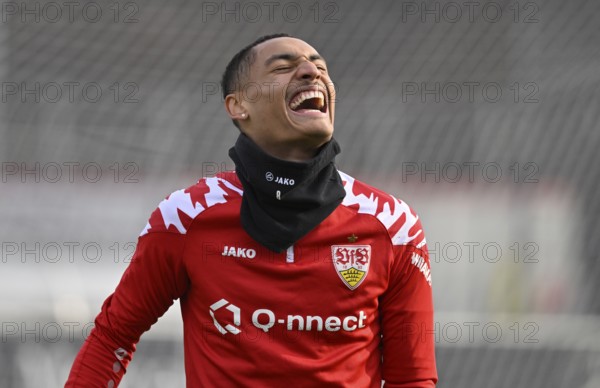 Enzo Millot VfB Stuttgart (08) Warm-up training laughs, Stuttgart, Baden-Württemberg, Germany, Europe