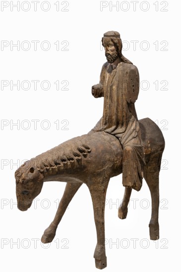 Palm tree donkey, wooden figure from around 1350, on a white background, Diocesan Museum, Rottenburg, Baden-Württemberg, Germany, Europe