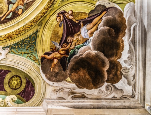 Ceiling fresco by Louis Dorigny, Spring, Love, Fame, Wealth, Opulence, Sala di Flora, 17th century Villa Manin, residence of Ludovico Manin, the last Doge of Venice, Codroipo, Friuli, Italy, Codroipo, Friuli, Italy, Europe