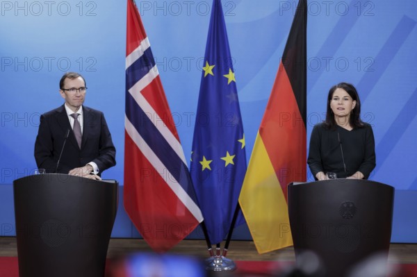 Espen Barth Eide, Minister of Foreign Affairs of the Kingdom of Norway, and Annalena Bärbock (Alliance 90/The Greens), Federal Foreign Minister, photographed during a joint press conference in Berlin, 14 March 2024. Photographed on behalf of the Federal Foreign Office