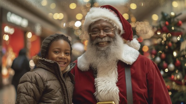 Jovial african american santa claus with happy child at the shopping center. generative AI., AI generated