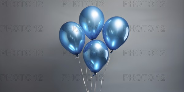 AI generated cluster of blue helium balloons floating against a grey background