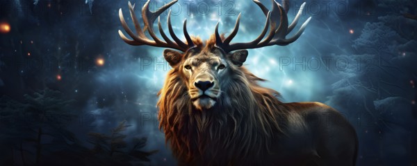 AI generated wildlife image of a morphing lion into deer in a mystic surrounding enhanced with digital art