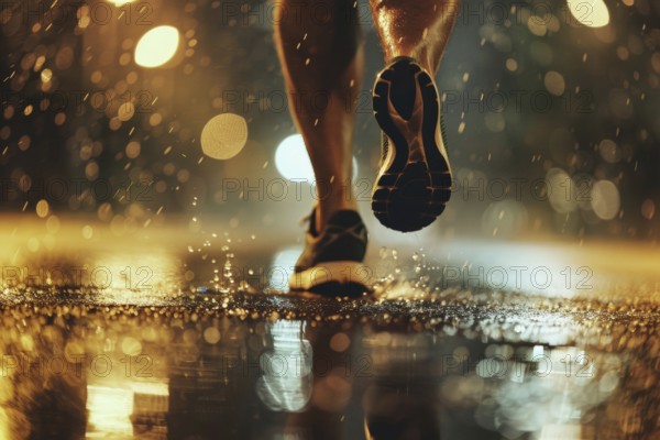 A jogger runs along a road at night in rainy weather, accident risk, risk sport, AI generated, AI generated, AI generated