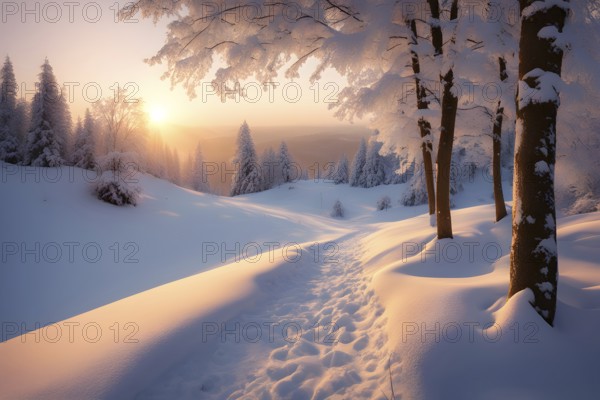 Footprints in fresh snow on a hill with a row of trees in winter in golden sunrise light, AI generated