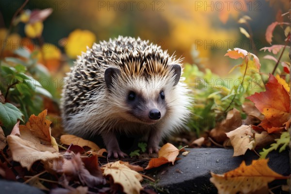 Hedgehog in garden with autumn leaves, AI generated