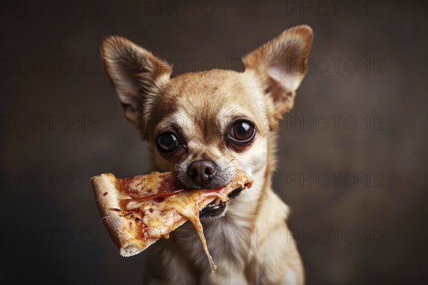 Small Chihuahua dog holding slice of pizza in mouth in front of studio background. Generative Ai, AI generated