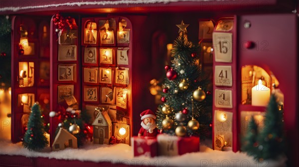 Traditional advent calendar door opening, showing a tiny festive scene inside with miniature decorations, AI generated