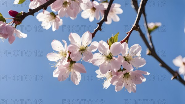 Blooming cherry blossoms with soft pink petals against a clear blue sky, with delicate sunlight filtering through, AI generated