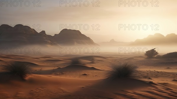 Namib desert landscape engulfed by fog in sunrise, AI generated