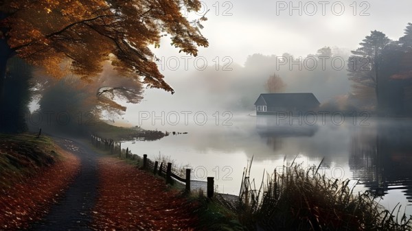 Fog covered rural landscape with a tranquil lake in autumn, AI generated