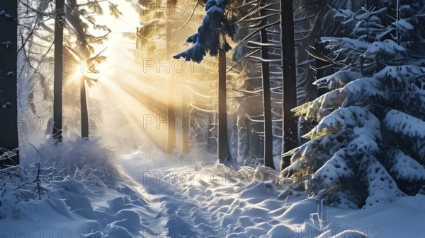 Fog covered forest in winter with snow covered trees and a mystic golden sunlight, AI generated