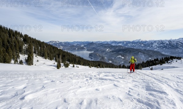 Ski tourers climbing Simetsberg, view of Walchensee, Estergebirge, Bavarian Prealps, Bavaria Germany